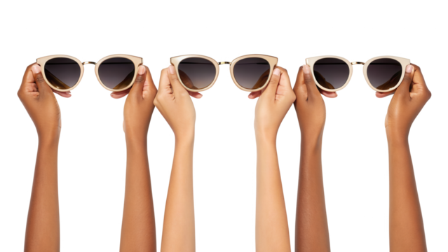 Diverse hands holding stylish sunglasses, isolated on transparent background isolated on transparent background