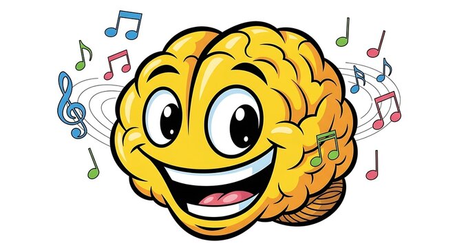 Happy cartoon brain listening to upbeat music notes, perfect for education, creative thinking, or promoting cognitive skills in a fun way