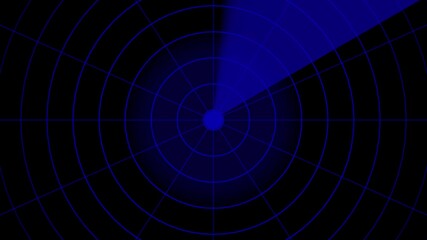 Futuristic radar screen interface with blue digital grid and scanning beam and black background  - Powered by Adobe