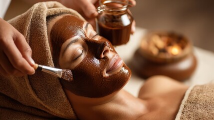 A person with closed eyes receives a facial treatment, with rich brown mask applied