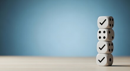 Stacked dice with checkmarks symbolizing approval and positive outcomes on a blue background