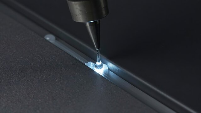 Precision application of adhesive with a glue gun onto a surface, showcasing detail and accuracy for industrial processes
