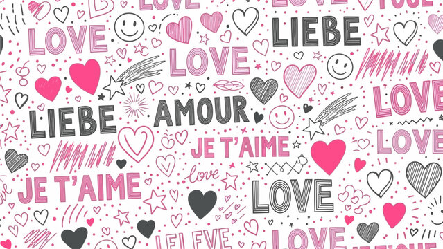 Hand-Drawn Love Doodles Pattern - Romantic Hearts & Text Background