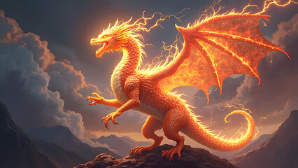 Fototapeta premium 火を纏うドラゴンのファンタジー背景イラスト｜Fantasy Illustration of a Fire Dragon Amidst Mountains