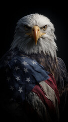 Obraz premium Majestic bald eagle facing camera, draped in American flag, exudes strength and pride. eagle intense gaze and flag vibrant colors create powerful patriotic image