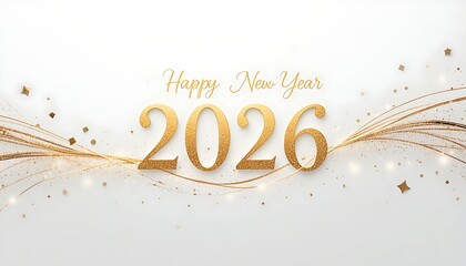 Elegant golden 2026 Happy New Year with flowing wave ribbons and sparkling lights on white.