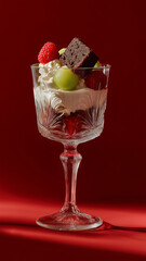 Tall engraved goblet glass holds delightful holiday parfait with layers of whipped cream, fresh raspberries, green grapes, and rich chocolate brownie cube, set against deep red background