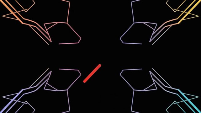 Abstract Neon Light Trails and Geometric Shapes on Black Background.