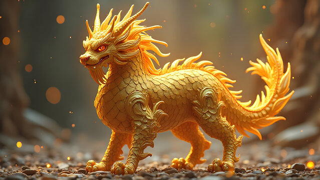 黄金のキリン獣のファンタジーアート背景用イラスト｜Golden Kirin Beast Fantasy Art Illustration for Background