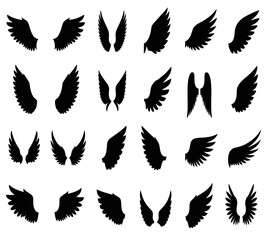 A collection of black silhouette wings, depicting various styles and shapes, perfect for graphic design, logos, and decorative elements, isolated on