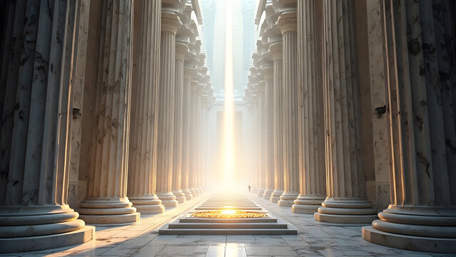 荘厳な大理石の柱と光の差し込む神殿内部の景観｜Majestic Marble Pillars and Light Streaming Inside Temple Interior