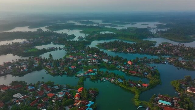 Aerial view of a beautiful landscape with water and houses.