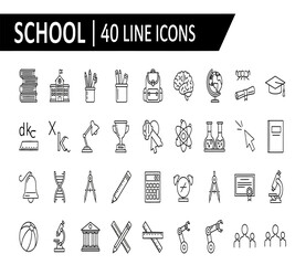 School and education line icons set, featuring various symbols of learning, study, and academic life, isolated on