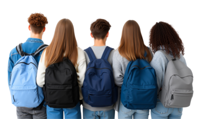 Back view of diverse group students with school backpacks standing together, isolated on transparent background, png