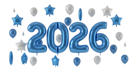 Blue 2026 balloons with stars isolated on transparent background