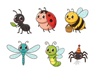 Cute cartoon insects characters set on white