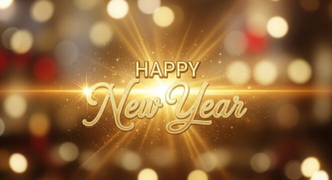 Happy new year golden greeting with sparkling festive bokeh lights - Powered by Adobe