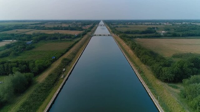 Aerial view of a long canal with a boat in the middle of the water.