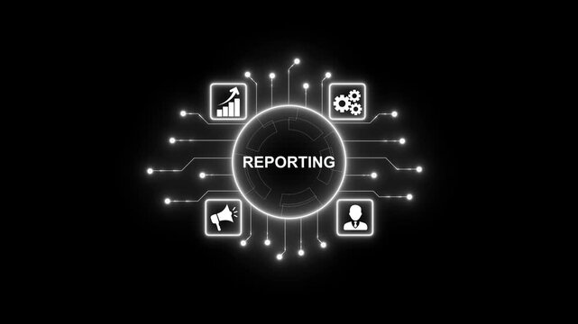 Digital reporting interface glowing neon data analysis dashboard.
