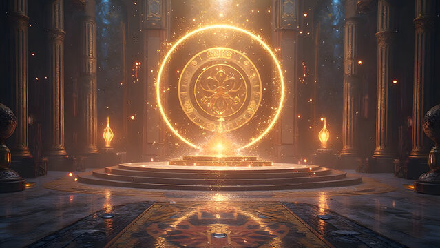 神秘的な魔法陣が輝く古代神殿の幻想的空間｜Mystical glowing magic circle in ancient temple fantasy scene