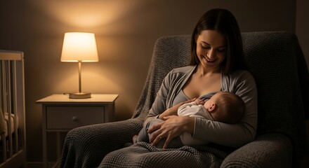 Tender moment of a loving mother breastfeeding her newborn baby in a cozy nursery at night