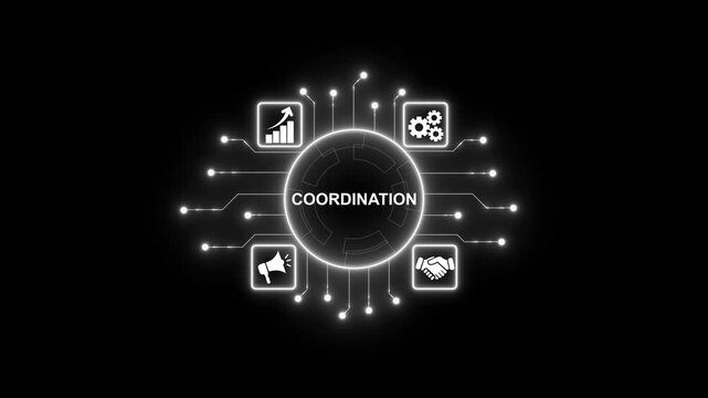 Digital coordination network hub with glowing neon circuits connecting to icons.