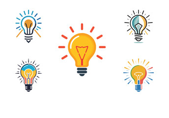 Colorful creative light bulb icon set featuring five modern idea and innovation symbols with bright outlines, vibrant highlights, and dynamic rays, perfect for branding, apps, education, and digital d