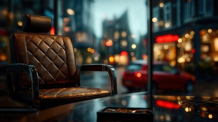 Experience luxurious comfort in a vintage barber chair overlooking a vibrant city street, perfect for upscale salons or classic grooming establishments