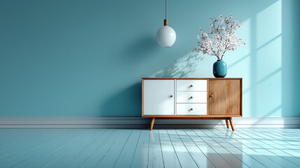 Interior with a sideboard, vase with flowers, and a hanging light fixture
