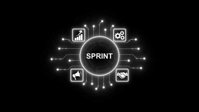Futuristic digital interface with glowing neon circuit board connecting to central hub displaying sprint concept.