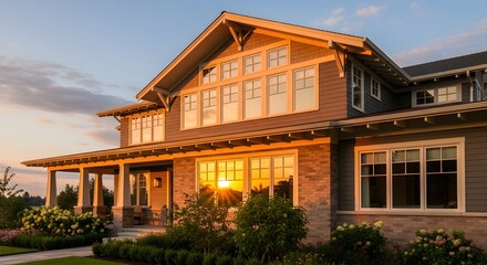 Fototapeta premium Elegant Home Exterior at Sunset Architectural Beauty and Warm Light