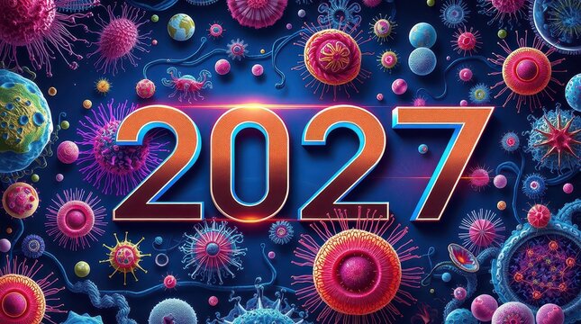 2027 new year logo neon microscopic bacteria medicine background