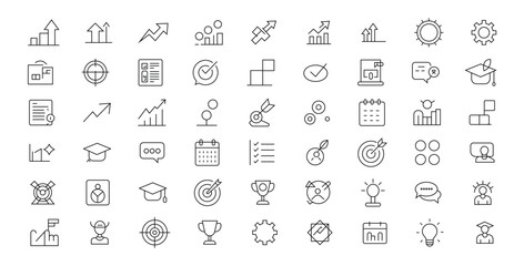 Graph outline icon set. Containing statistics, survey, prediction, analysis, chart, graph, growth, and more. Linear icon collection. Editable stroke.