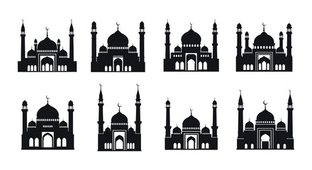 A collection of black silhouette islamic mosque building icons arranged in a grid