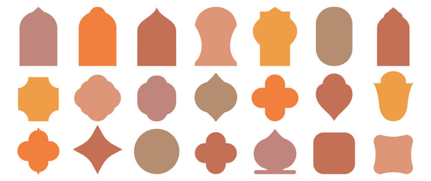 Old mosque windows shape in oriental style. Islamic door set, flat Arabic frames or Arabian arches silhouette. Colorful arab islamic frames. Ramadan kareem gate.