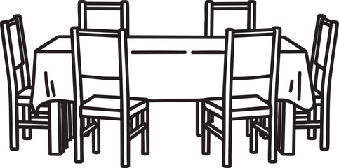 A simple black and white line drawing of a dining table set with a tablecloth and six highback chairs.