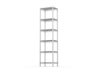 Tiered industrial shelves isolated on white background, Tall wire shelving unit with 6 levels, 3d illustration.