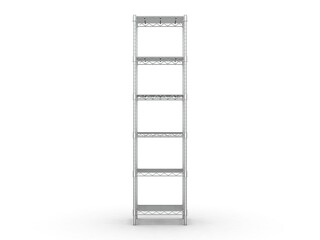 Tiered industrial shelves isolated on white background, Tall wire shelving unit with 6 levels, 3d illustration.
