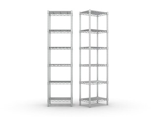 Tiered industrial shelves isolated on white background, Tall wire shelving unit with 6 levels, 3d illustration.
