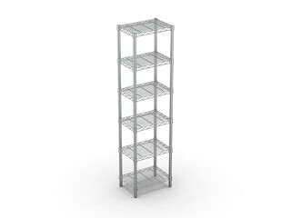 Tiered industrial shelves isolated on white background, Tall wire shelving unit with 6 levels, 3d illustration.