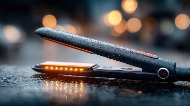 Sleek modern hair straightener with water droplets reflecting city lights, perfect for beauty blogs and product promotions for hair styling
