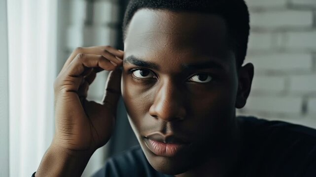 Close up of a young Black man looking thoughtful and pensive.