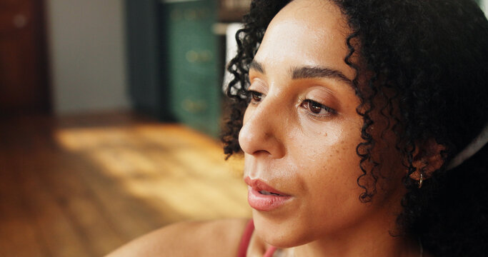 African woman, breathing and yoga at house with vision, fitness break and ideas for inner peace. Thinking, female person and reflection of holistic health, calm mindset and rest for recovery wellness