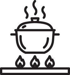 Black line art icon of a covered pot boiling on a stovetop with three flames.
