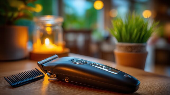 Modern grooming essentials for a fresh look, sleek electric hair clipper and comb on a wooden table with soft, natural lighting for a relaxing vibe