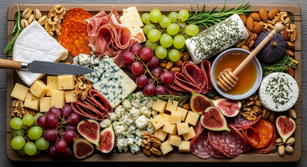  A Rustic Wooden Board with an Assortment of Artisan Cheeses and Charcuterie