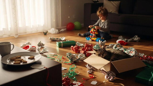 Messy Christmas Morning A Child's Joy Amidst the Holiday Chaos and Festive Decorations