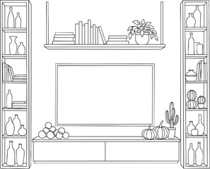 Handdrawn line art illustration of a modern living room entertainment center with shelves and decor.
