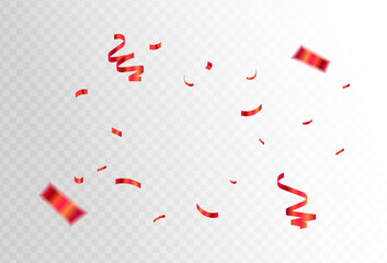 Shiny red confetti pieces and curling ribbons floating down against a transparent background for a celebration event