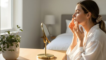 Serene young woman embraces her morning beauty routine, carefully applying a skincare product to her face in a sunlit bedroom, promoting radiant and healthy skin